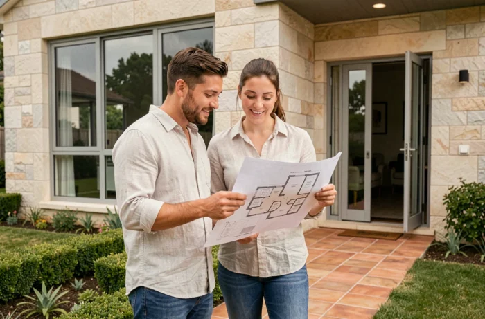 Couple de trentenaires examinant les plans d'une maison moderne devant la façade en pierre d'un pavillon avec jardin bien entretenu