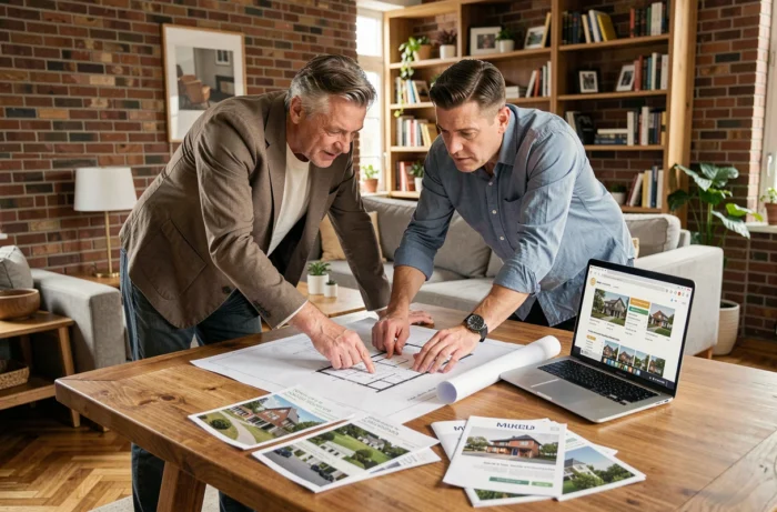 Couple étudiant des plans immobiliers et des brochures sur une table en bois dans un appartement moderne
