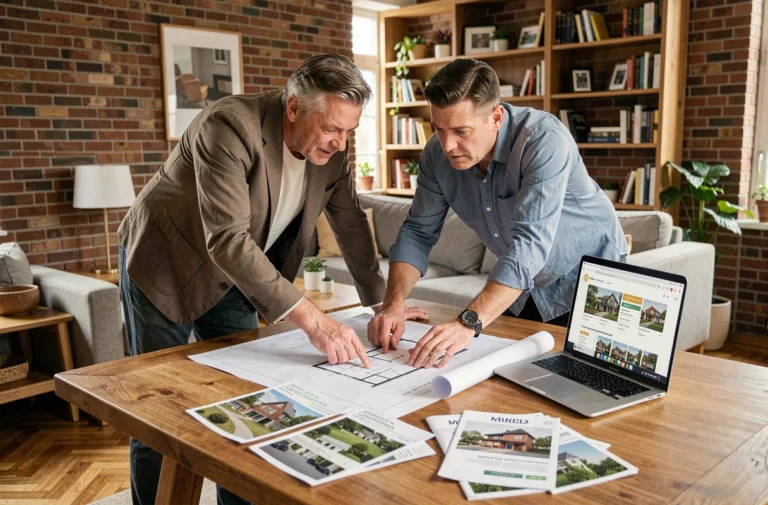 Couple étudiant des plans immobiliers et des brochures sur une table en bois dans un appartement moderne