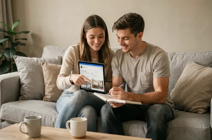 Couple consultant des annonces de location d'appartements sur tablette pour trouver un logement via 123 Loger