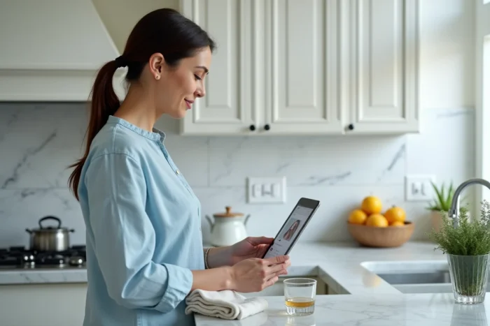 Femme configurant un compte X sur une tablette dans une cuisine moderne sans utiliser de numéro de téléphone