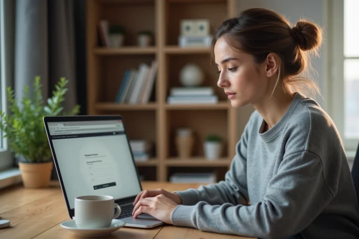 Jeune femme créant un compte sur un réseau social depuis son ordinateur portable dans un bureau à domicile moderne