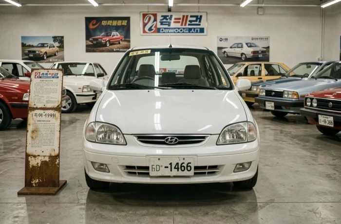 Daewoo Lanos blanche exposée dans un musée automobile vintage, vue frontale symétrique sur sol en béton poli avec signalétique rétro des années 1990
