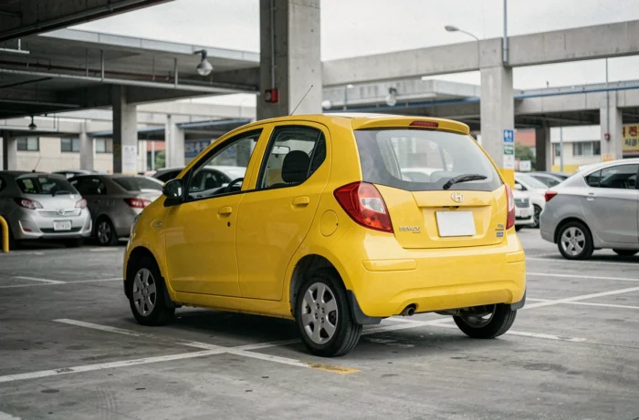 Daewoo Matiz jaune vif garé dans un parking urbain en Corée du Sud, vue arrière 3/4 basse mettant en valeur le design compact et arrondi