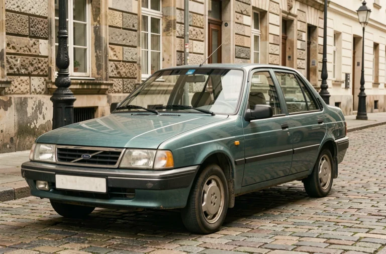 Daewoo Nexia berline des années 1990 garée sur une rue pavée européenne, vue 3/4 avant avec finition verte métallisée