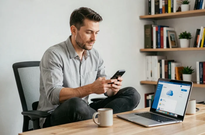 Homme utilisant un smartphone et un ordinateur portable pour accéder au stockage cloud, symbolisant les avantages de la dématérialisation à domicile