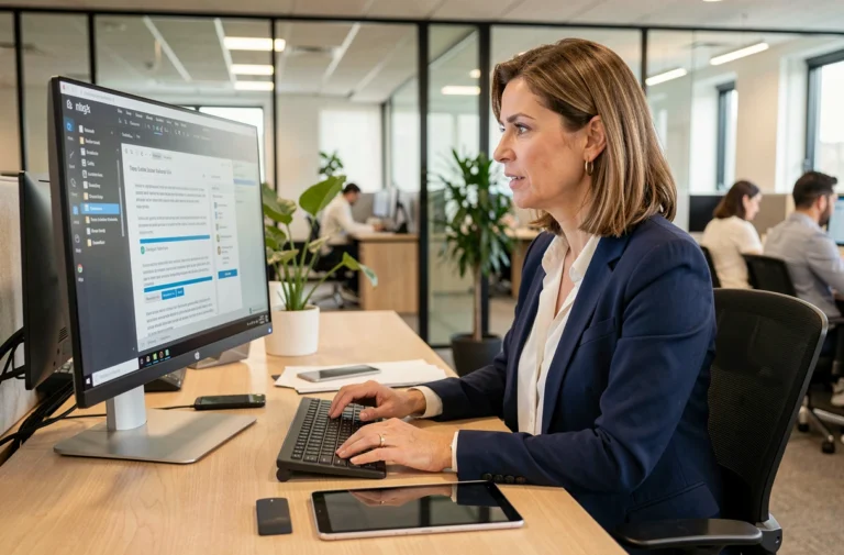 Femme cadre travaillant sur des documents dématérialisés dans un bureau moderne, illustrant la gestion numérique des données en entreprise