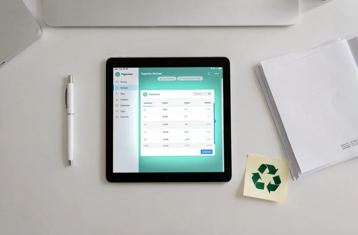 Vue aérienne d'un bureau minimaliste avec une tablette affichant une application de facturation numérique, représentant la transition vers le zéro papier