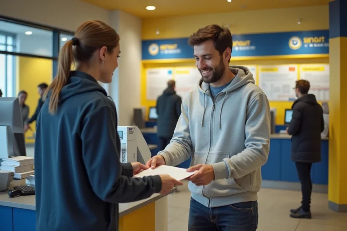 Homme déposant une demande de réexpédition de courrier temporaire dans un bureau de poste