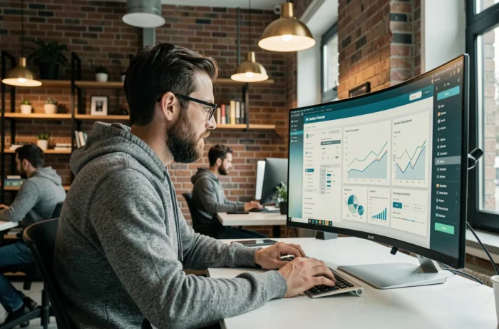 Développeur travaillant sur des innovations numériques dans un espace coworking à Rennes en 2024