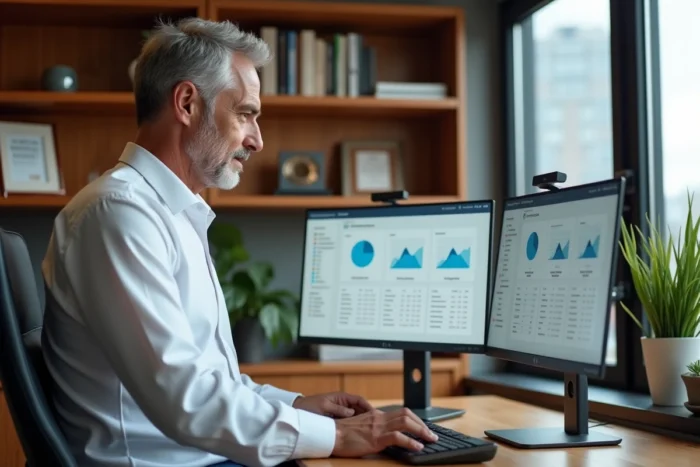 Dirigeant B2B consultant une plateforme de ressources stratégiques sur double écran dans son bureau privé