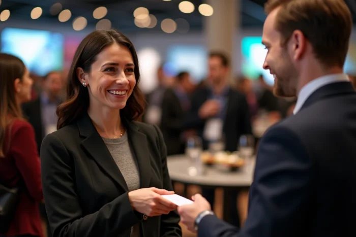 Une femme échangeant des cartes de visite lors d'un événement de networking professionnel pour diversifier ses canaux de recherche d'emploi