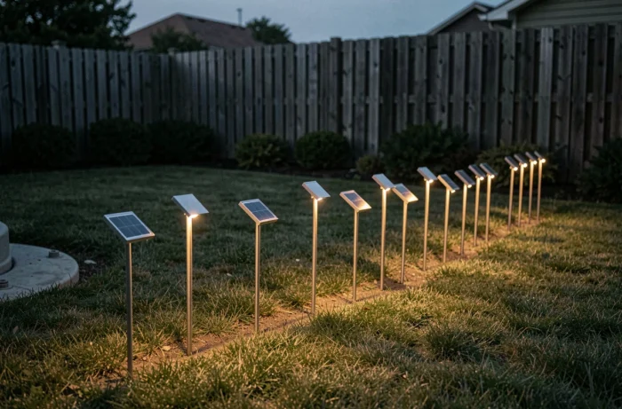 Bornes solaires basse tension alignées autour d'une fosse septique dans un jardin résidentiel au crépuscule pour baliser discrètement la zone la nuit