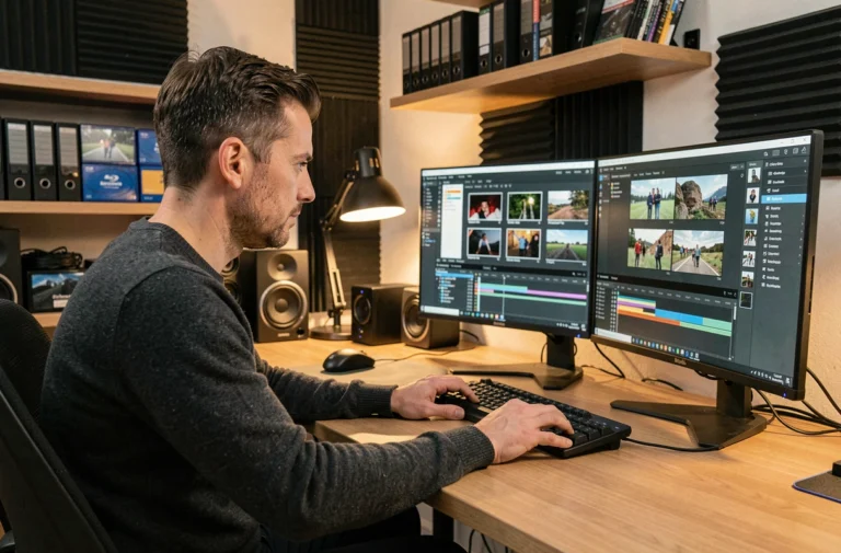 Éditeur vidéo masculin analysant des fichiers en format HDTS sur un poste de travail double écran dans un studio home cinéma moderne