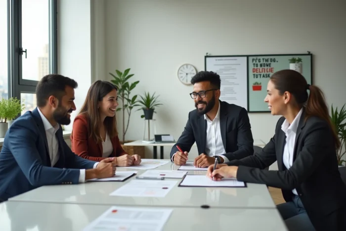 Groupe de professionnels diversifiés collaborant autour d'une table de réunion dans un bureau moderne pour un emploi inclusif