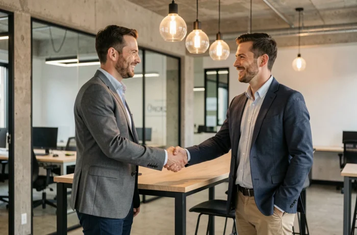 Homme serrant la main d'un recruteur dans un espace de coworking moderne lors d'un entretien d'embauche