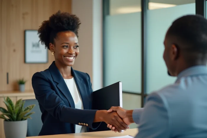 Femme noire confiante serrant la main d'un recruteur lors d'un entretien d'embauche inclusif dans un bureau moderne