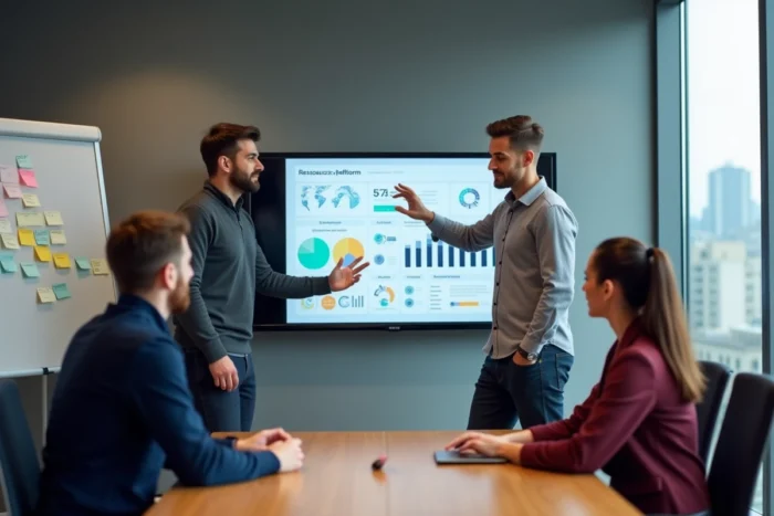 Équipe B2B collaborant autour d'une plateforme de ressources sur écran interactif en salle de réunion