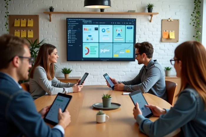 Équipe de jeunes professionnels collaborant sur des outils numériques dans un espace de coworking pour accélérer la digitalisation
