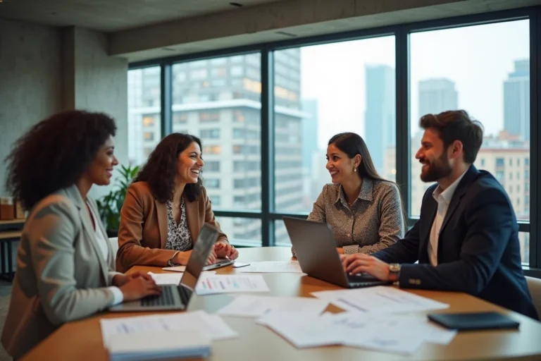 Équipe multiculturelle et diversifiée collaborant autour d'une table de réunion dans un bureau moderne et inclusif