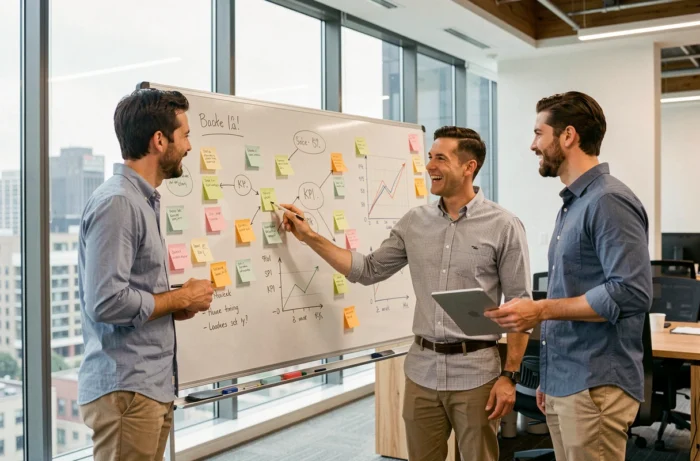 Équipe d'entrepreneurs collaborant sur des stratégies de croissance d'entreprise avec des ressources BusiBoost dans un espace de coworking