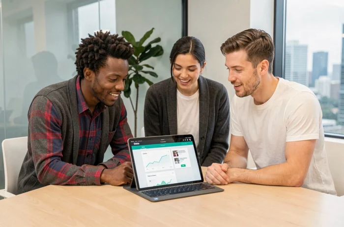 Équipe professionnelle découvrant ensemble les nouvelles fonctionnalités et mises à jour d'une plateforme business innovante