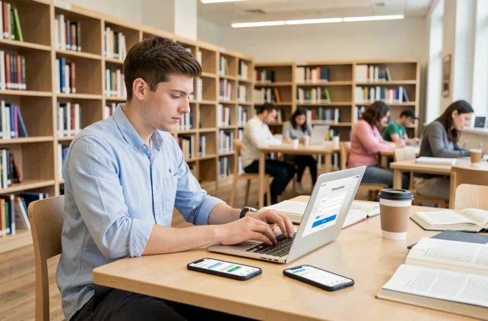 Étudiant souscrivant une assurance habitation en ligne à la bibliothèque universitaire