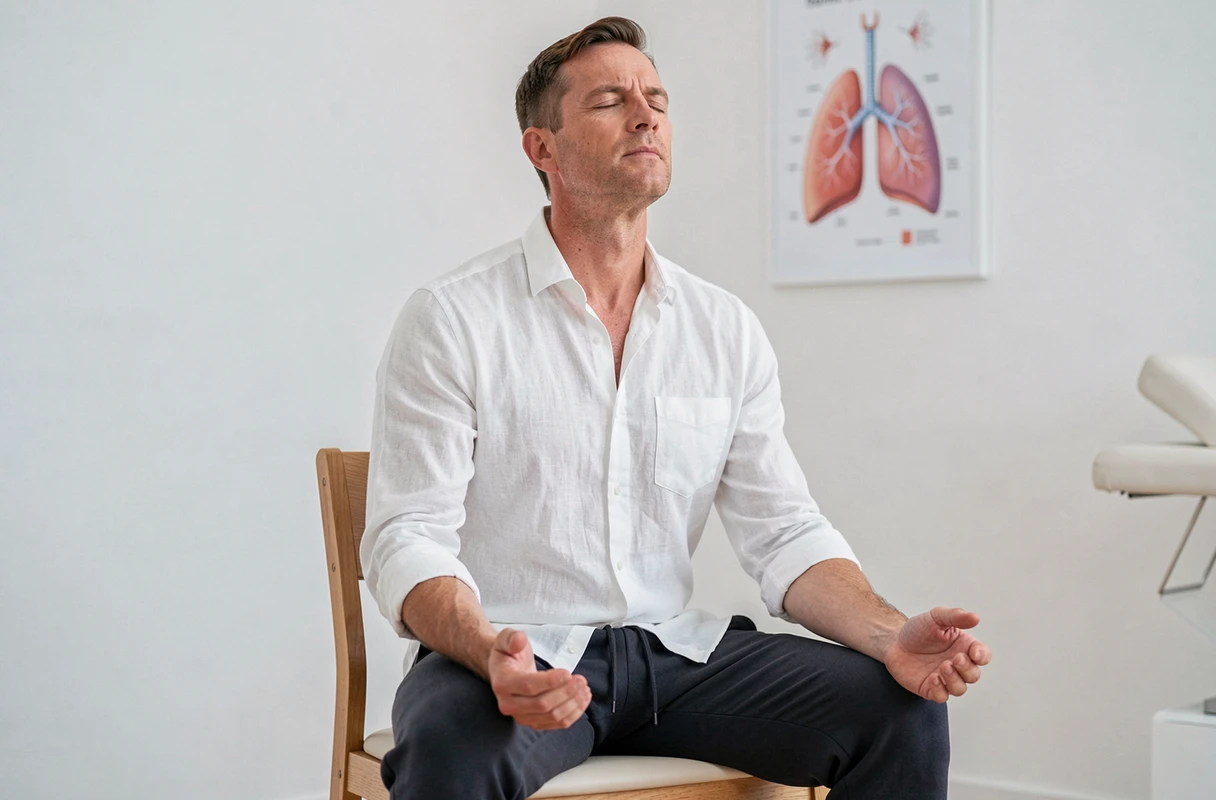 Homme assis en posture droite pratiquant des exercices de renforcement du diaphragme dans un cabinet de kinésithérapie