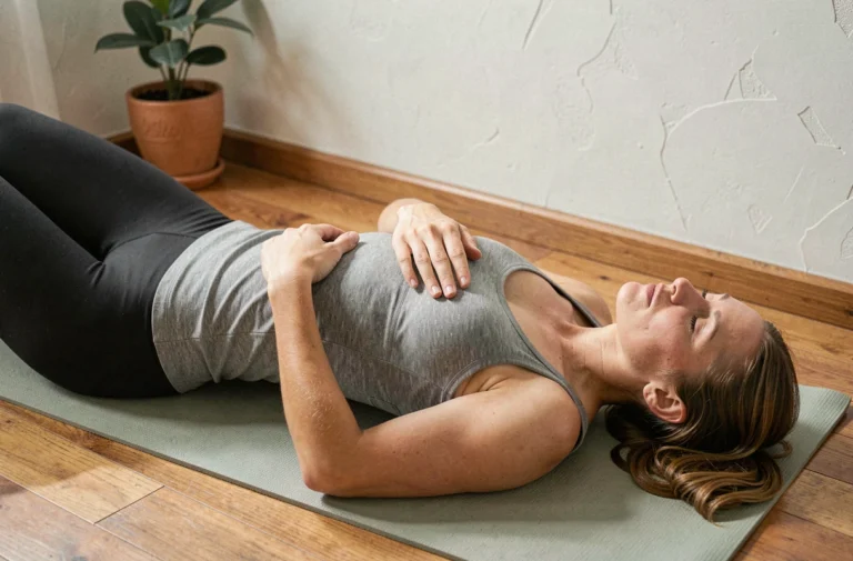 Femme pratiquant la respiration diaphragmatique allongée sur un tapis de yoga, mains posées sur le ventre et la poitrine