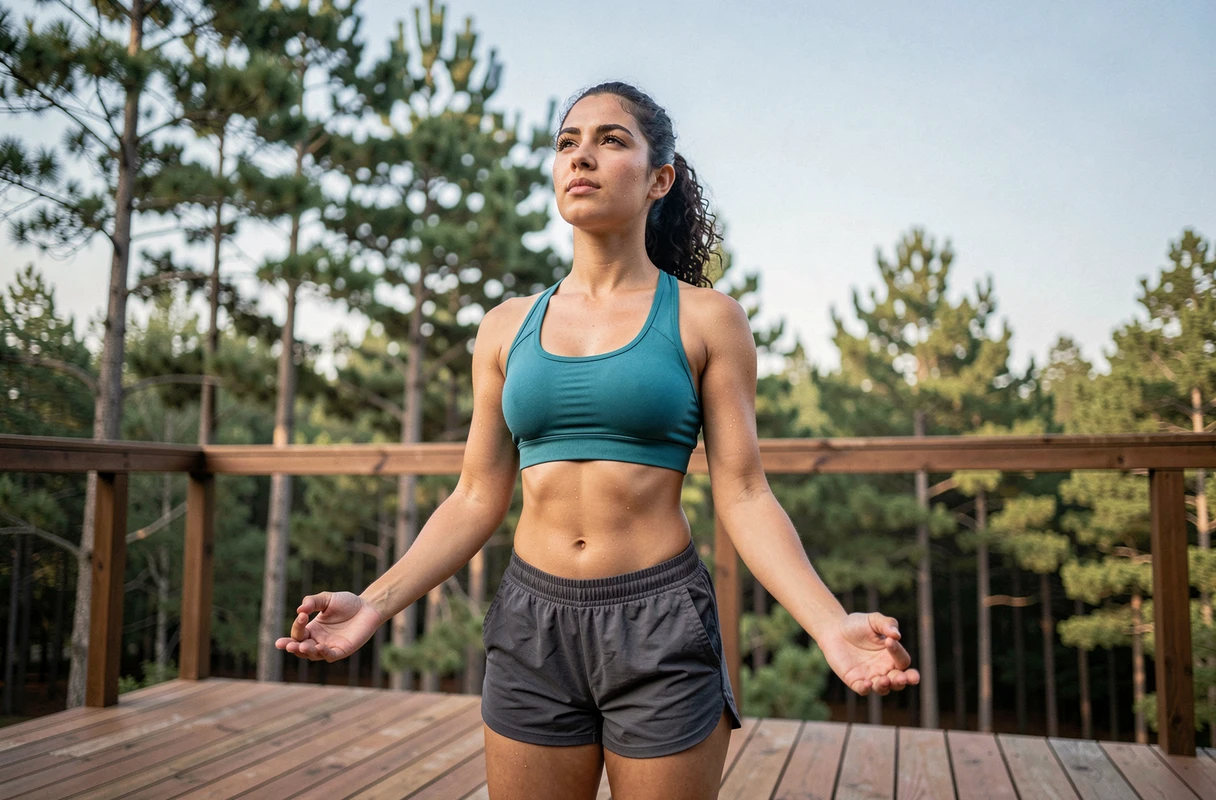 Jeune femme effectuant des exercices de respiration en plein air sur une terrasse en bois face à une forêt de pins