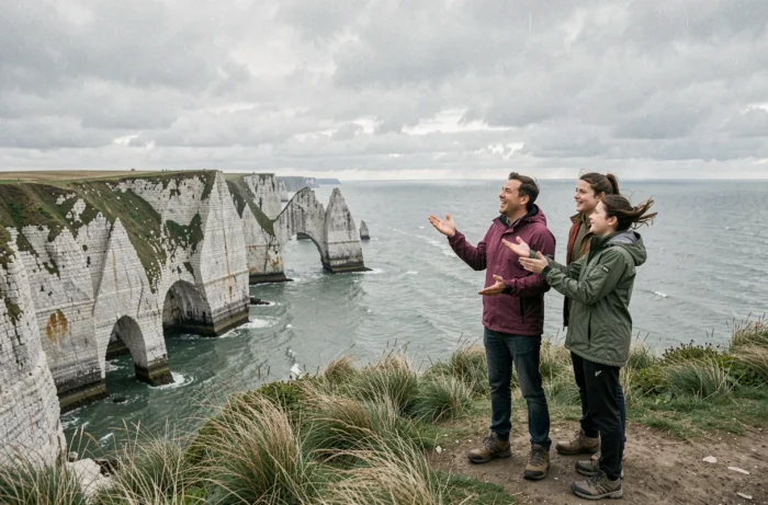Famille admirant les falaises d'Étretat en Normandie lors de vacances inoubliables en France