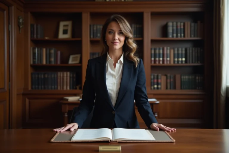 Notaire femme en tenue professionnelle dans son étude parisienne avec documents juridiques sur le bureau
