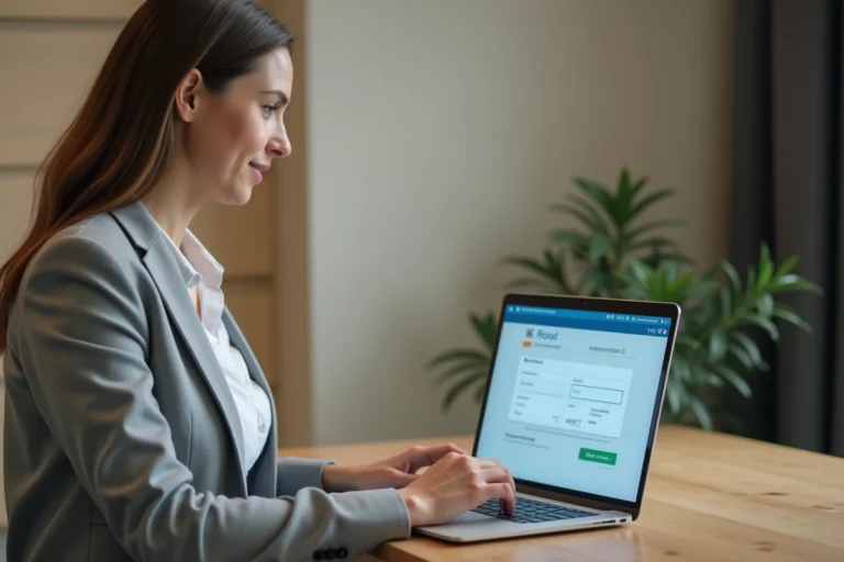 Femme professionnelle accédant à son compte Urssaf en ligne sur un ordinateur portable dans un bureau à domicile