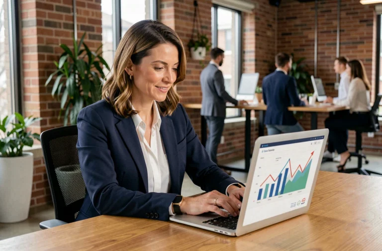 Femme d'affaires professionnelle analysant des ressources de croissance pour booster son entreprise sur un ordinateur portable dans un bureau moderne