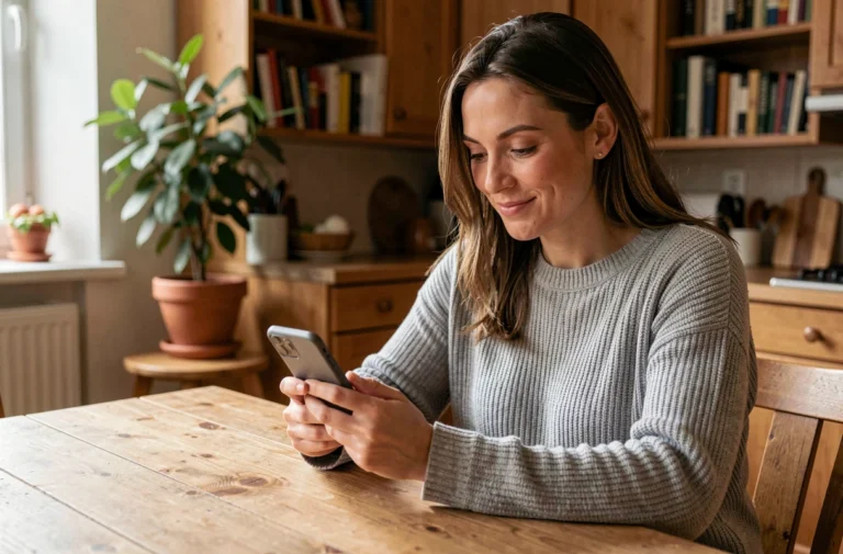 Femme utilisant une application de rencontre Meetic sur smartphone depuis son appartement