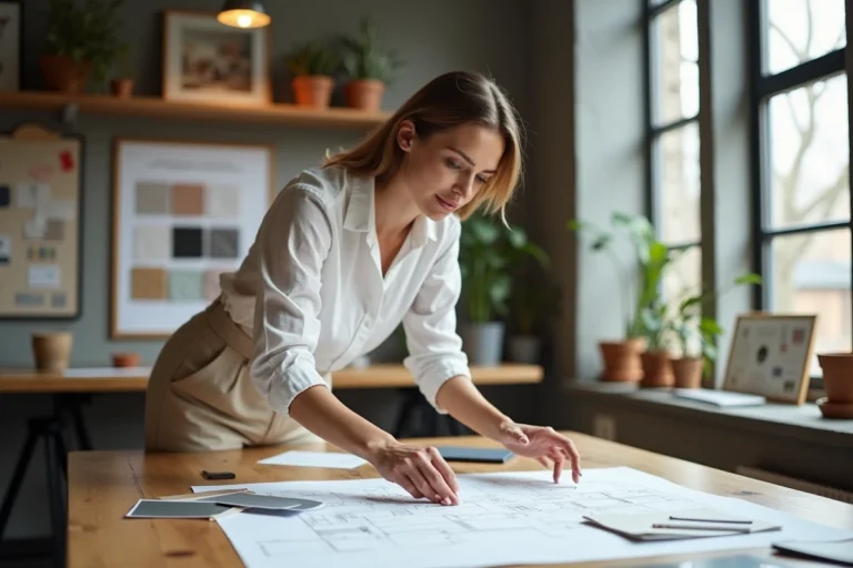 Femme architecte d'intérieur travaillant sur des plans de projet immobilier dans un espace de co-working dédié à la décoration
