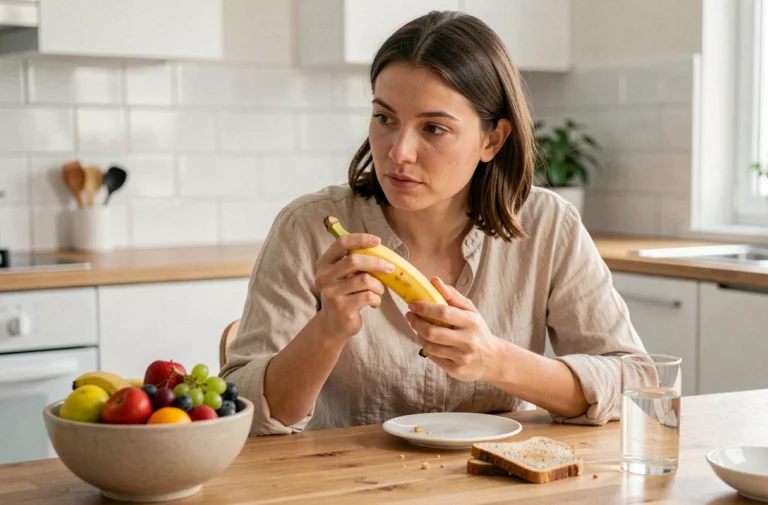 Femme tenant une banane au petit déjeuner dans une cuisine moderne, hésitant avant de la manger