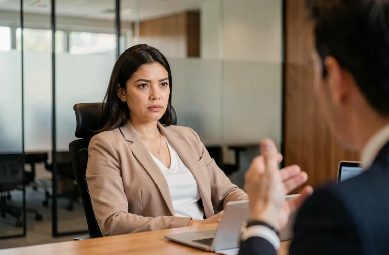 Femme au bureau adoptant une attitude de recul face à un collègue hypocrite dans un environnement professionnel moderne