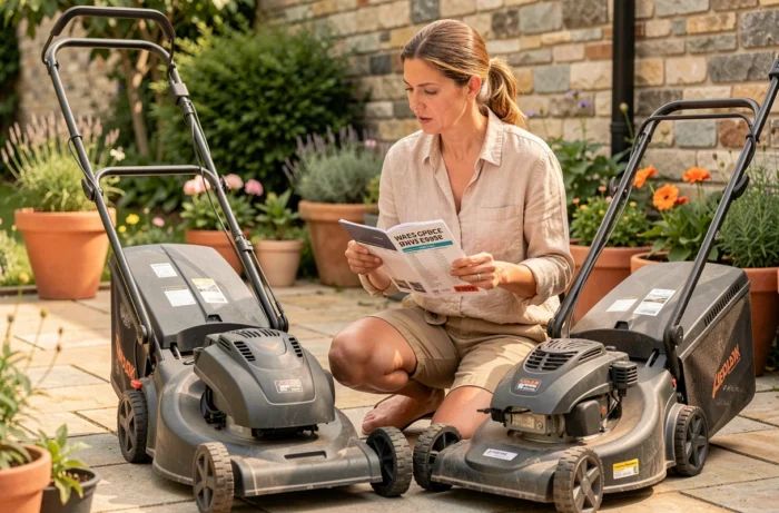 Femme comparant deux tondeuses électriques et consultant un guide de prix dans un jardin aménagé