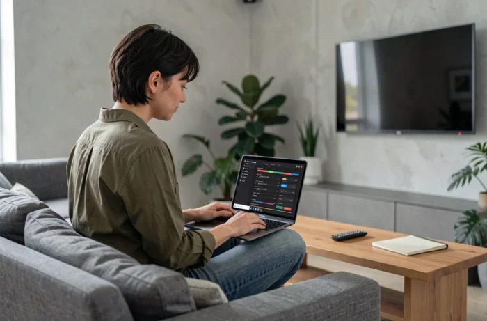 Femme comparant les paramètres de qualité vidéo HDTS sur un ordinateur portable dans un salon minimaliste contemporain