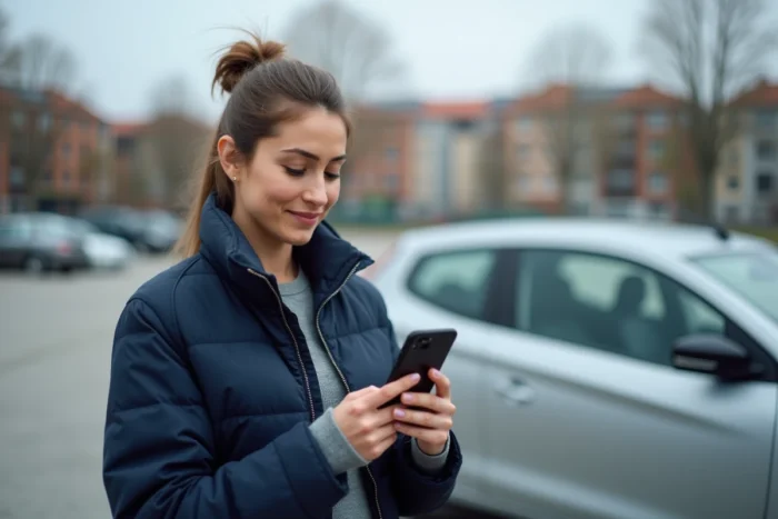 Femme consultant une application de comparaison d'assurance auto sur smartphone près de sa voiture