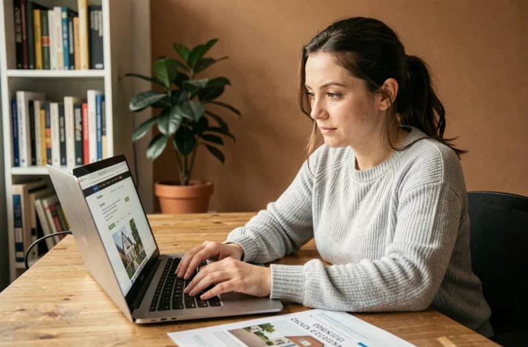 Femme consultant un site de location immobilière 123 Loger sur son ordinateur portable à son bureau