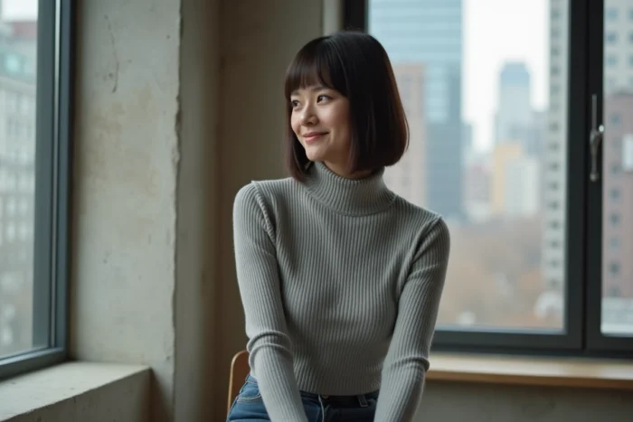 Femme avec coupe cuenta au carré net portant un col roulé gris dans un appartement minimaliste
