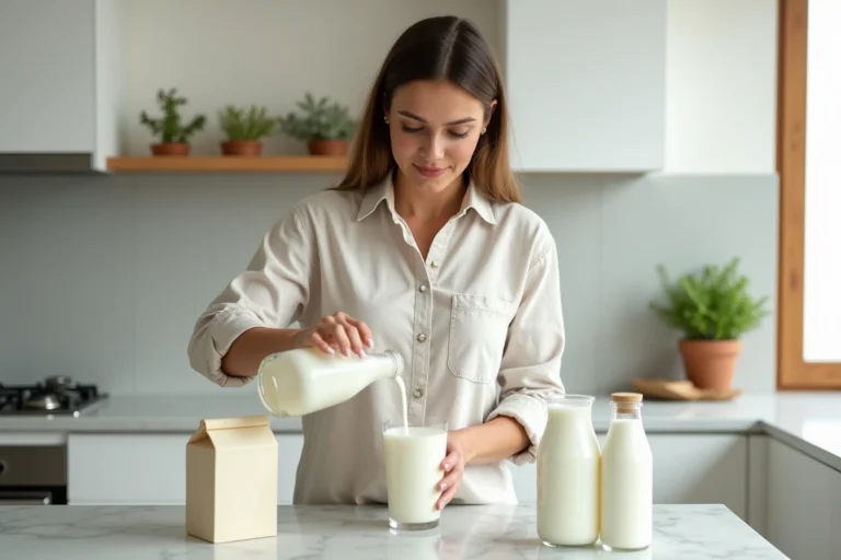 Femme versant du lait frais dans un verre dans une cuisine moderne avec différentes variétés de lait riche en protéines