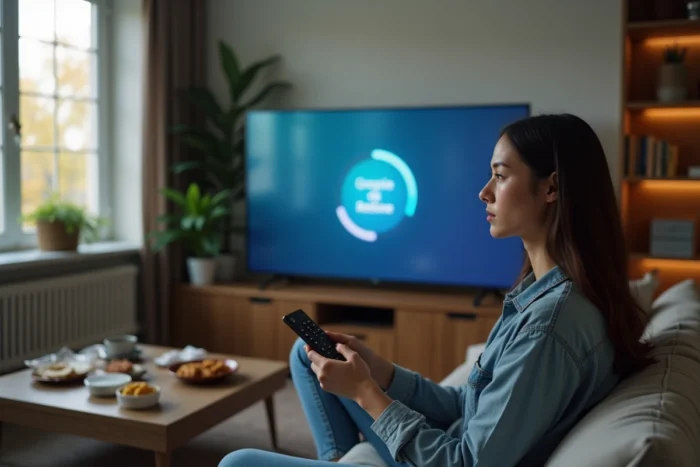 Jeune femme déçue face à un message d'indisponibilité sur un site de streaming depuis son salon