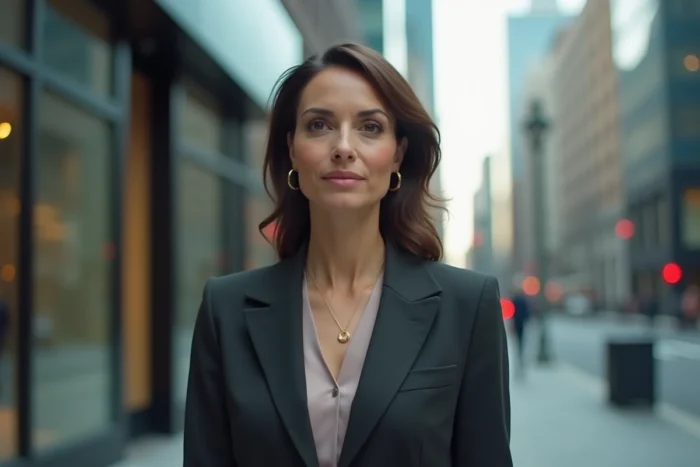 Une femme forte et confiante dans un environnement urbain moderne, symbolisant le caractère affirmé au quotidien