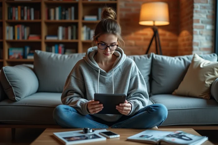 Femme passionnée de technologie consultant les dernières actualités geek sur une tablette dans son salon moderne