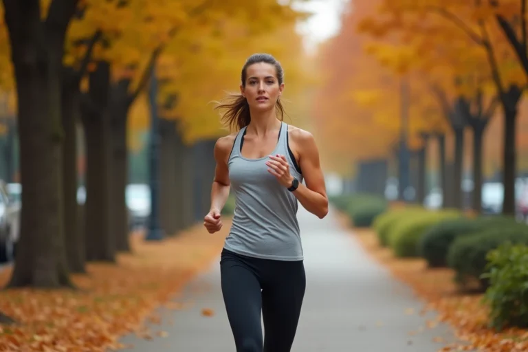Femme en tenue de sport faisant du jogging sur un chemin urbain bordé d'arbres en automne, illustrant les bienfaits de la course à pied pour la santé