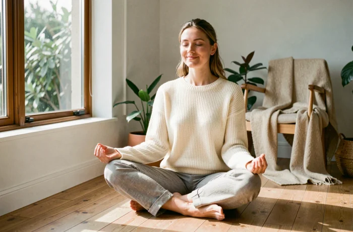 Femme sereine en méditation sur un plancher en bois près d'une fenêtre, illustrant le bien-être et l'épanouissement au quotidien