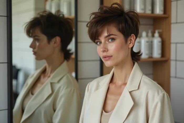 Femme aux cheveux mulet moderne court devant un miroir de salon de coiffure contemporain
